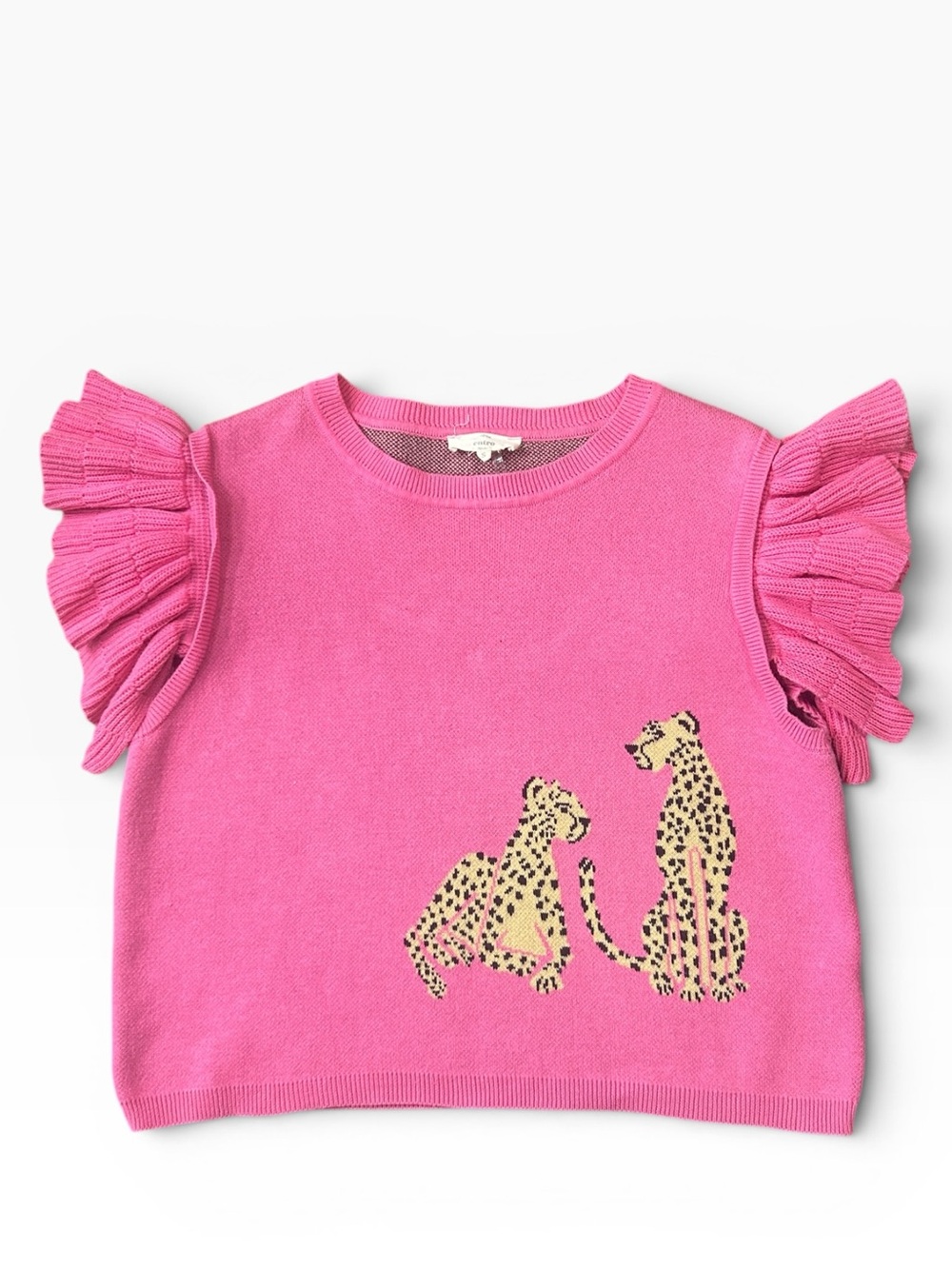 Entro Hot Pink Leopard Short Ruffle Sleeve Cotton Cropped Sweater Top Size Small - Picture 3 of 9